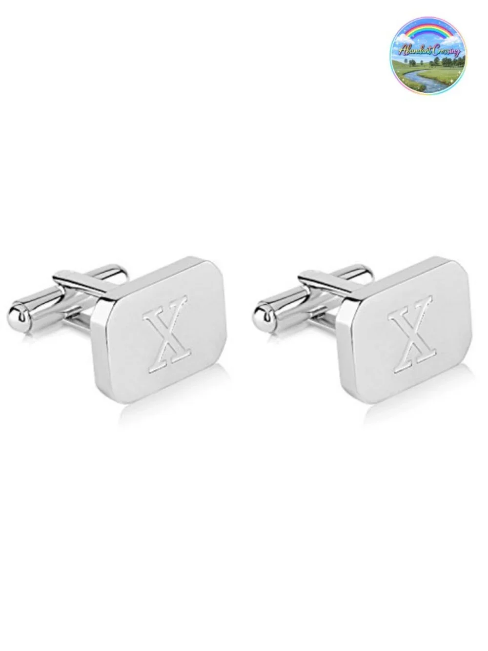 18K White Gold Plated Initial Engraved Stainless Steel Men's Cufflinks Gift Box